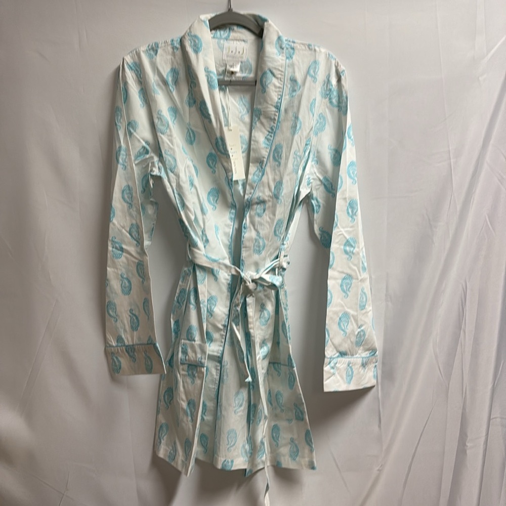 Three J NYC Alex Paisley Robe 100% Cotton White/Aqua Size L/XL NWT!